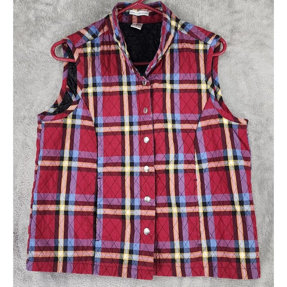 Rebecca Malone Vest Womens Medium Red Plaid Quilted Snap‎ On Sleeveless Vintage